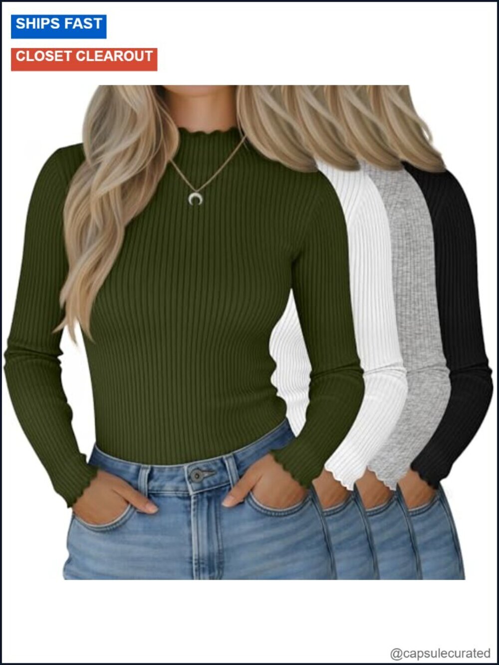 4 Pack Women's Mock Turtleneck Tops Cotton Long Sleeve Ribbed Lettuce Trim Tees